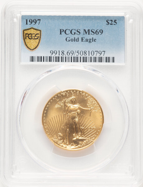 image for: 1997 $25 Half-Ounce Gold Eagle MS69 PCGS.  Mintage 79,605....