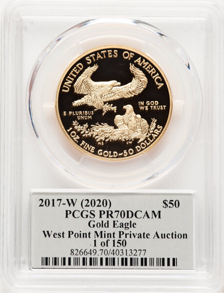 image for: 2017-W(2020) $50 One-Ounce Gold Eagle, West Point Mint Private Auction Release 1 of 150, PR70 Deep Cameo PCGS. Thomas S. Cl...