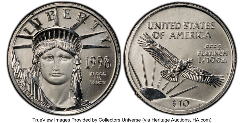 image for: 1998 $10 Tenth-Ounce Platinum Eagle MS69 PCGS.  Mintage 39,525....