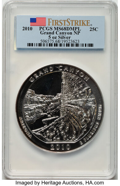 image for: 2010 25C Grand Canyon Five Ounce Silver First Strike MS68 Deep Mirror Prooflike PCGS.  ...