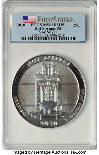image for: 2010 25C Hot Springs Five Ounce Silver First Strike MS68 Deep Mirror Prooflike PCGS.  ...