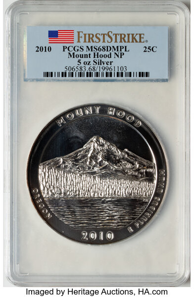 image for: 2010 25C Mount Hood Five Ounce Silver, First Strike MS68 Deep Mirror Prooflike PCGS.  ...