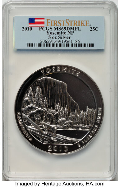 image for: 2010 25C Yosemite Five Ounce Silver, First Strike MS69 Deep Mirror Prooflike PCGS.  ...