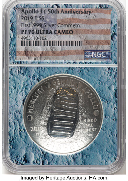 image for: 2019-P $1 Apollo 11 50th Anniversary, First .999 Silver Commem. PR70 Ultra Cameo NGC....