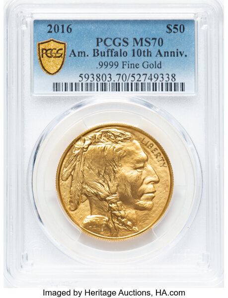 image for: 2016 $50 One-Ounce Gold Buffalo, 10th Anniversary, .9999 Fine Gold MS70 PCGS....