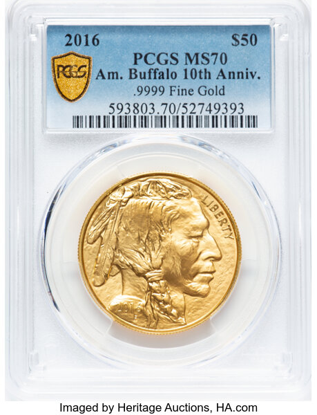 image for: 2016 $50 One-Ounce Gold Buffalo, 10th Anniversary, 9999 Fine Gold MS70 PCGS....