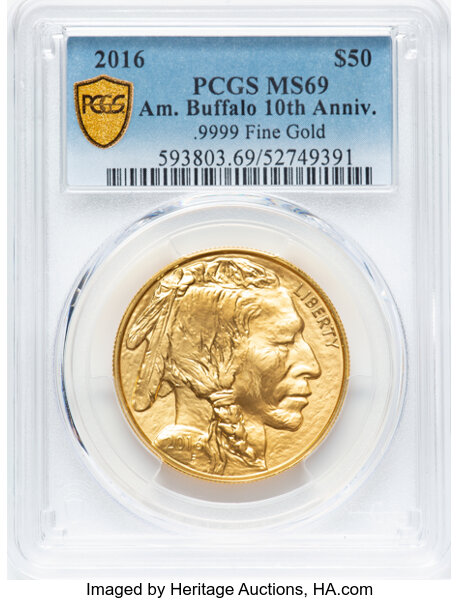 image for: 2016 $50 One-Ounce Gold Buffalo, 10th Anniversary, 9999 Fine Gold MS69 PCGS....