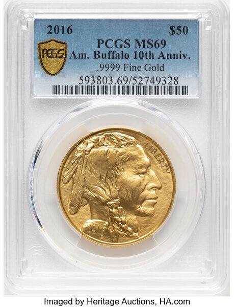 image for: 2016 $50 One-Ounce Gold Buffalo, 10th Anniversary, 9999 Fine Gold MS69 PCGS....