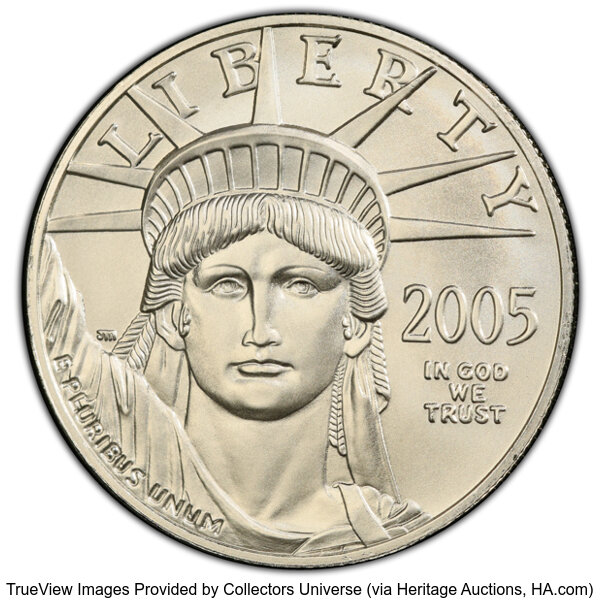 image for: 2005 $100 One-Ounce Platinum Eagle, Statue of Liberty, MS70 PCGS.  Mintage 6,310....