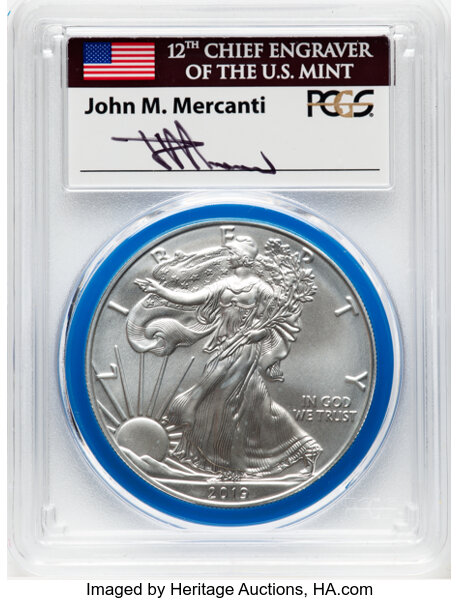 image for: 2019-W $1 Silver Eagle, Burnished, Mint Engraver Series Mercanti Signature, SP70 PCGS. PCGS Population: (90)....
