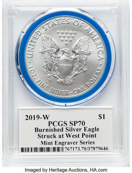 image for: 2019-W $1 Silver Eagle, Burnished, Mint Engraver Series Mercanti Signature, SP70 PCGS. PCGS Population: (90)....