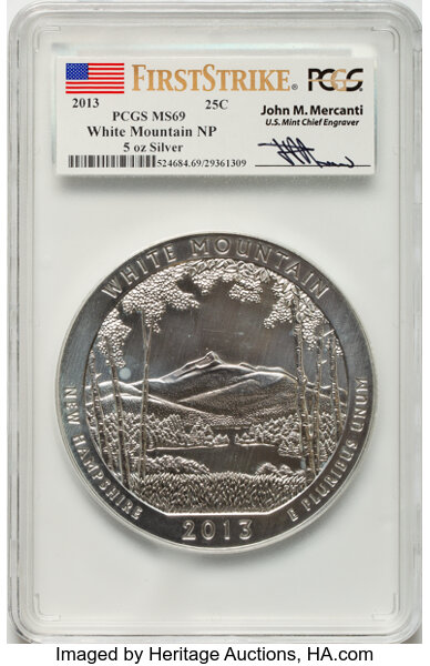 image for: 2013 25C White Mountain NP Five-Ounce Silver, First Strike, Mercanti Signature MS69 PCGS.  ...