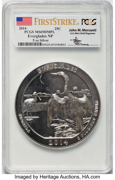 image for: 2014 25C Everglades National Park, 5 oz Silver, First Strike, Mercanti Signature, MS69 Deep Mirror Prooflike PCGS....