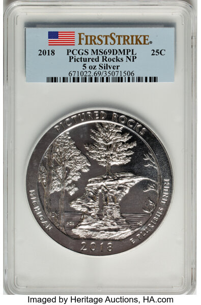 image for: 2018 25C Pictured Rocks National Park, Five-Ounce Silver, First Strike MS69 Deep Mirror Prooflike PCGS.  ...