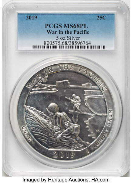 image for: 2019 25C War in the Pacific National Park Five-Ounce Silver MS68 Prooflike PCGS. PCGS Population: (6/3).  ...