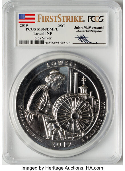 image for: 2019 25C Lowell National Park 5 oz Silver, First Strike Mercanti Signature MS69 Deep Mirror Prooflike PCGS. PCGS Population...
