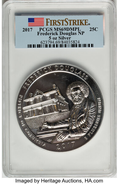 image for: 2017 25C Frederick Douglass National Park Five-Ounce Silver, First Strike, MS69 Deep Mirror Prooflike PCGS.  ...
