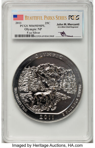 image for: 2011 25C Olympic Five Ounce Silver, Mercanti Signature MS69 Deep Mirror Prooflike PCGS. PCGS Population: (62/0).  ...