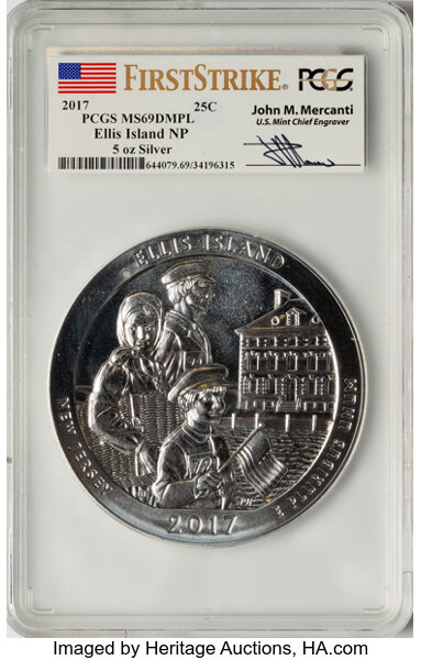 image for: 2017 25C Ellis Island National Park, Five-Ounce Silver, First Strike, Mercanti MS69 Deep Mirror Prooflike PCGS. PCGS Popula...