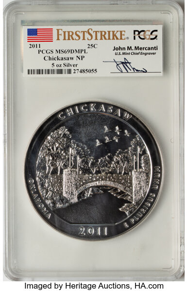 image for: 2011 25C Chickasaw NP Five Ounce Silver, First Strike MS69 Deep Mirror Prooflike PCGS.  ...