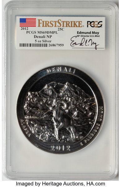 image for: 2012 25C Denali NP Five-Ounce Silver, First Strike MS69 Deep Mirror Prooflike PCGS.  ...