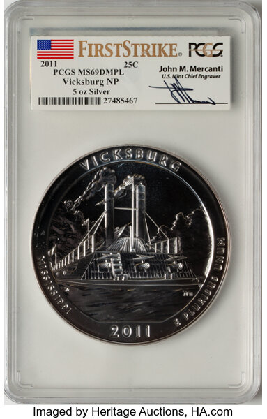 image for: 2011 25C Vicksburg National Park Five Ounce Silver, First Strike MS69 Deep Mirror Prooflike PCGS.  ...