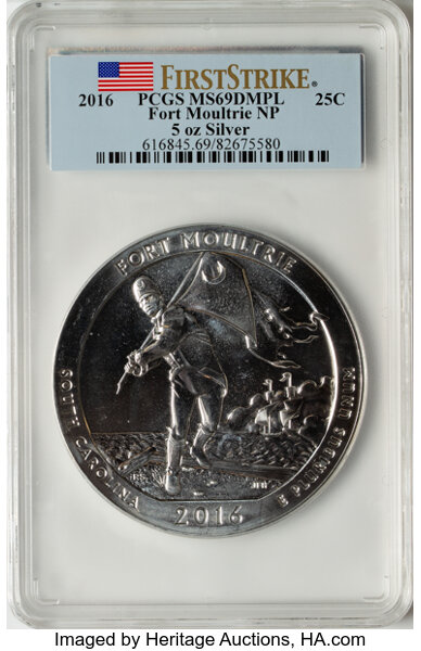 image for: 2016 25C Fort Moultrie National Park, Five-Ounce Silver, First Strike, MS69 Deep Mirror Prooflike PCGS....
