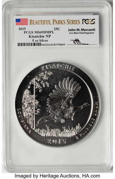 image for: 2015 25C Kisatchie National Park, Five-Ounce Silver, Mercanti Signature, MS69 Deep Mirror Prooflike PCGS....