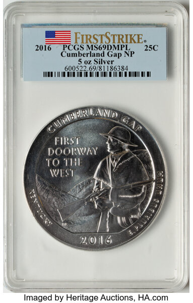 image for: 2016 25C Cumberland Gap National Park Five-Ounce Silver, First Strike, MS69 Deep Mirror Prooflike PCGS....
