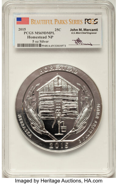 image for: 2015 25C Homestead National Park Five-Ounce Silver, Mercanti Signature, MS69 Deep Mirror Prooflike PCGS....