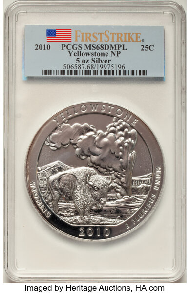 image for: 2010 25C Yellowstone Five Ounce Silver, First Strike MS68 Deep Mirror Prooflike PCGS.  ...