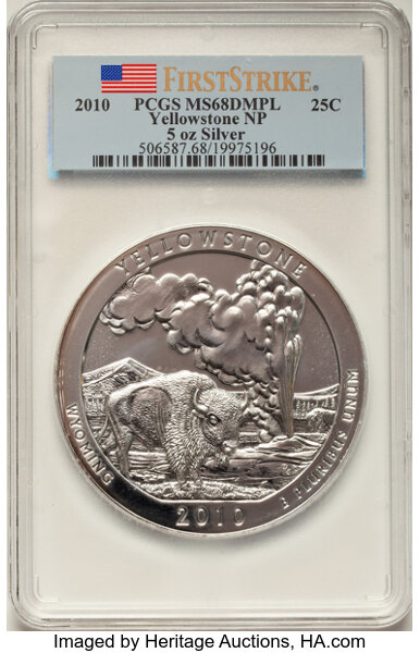 image for: 2010 25C Yellowstone Five Ounce Silver, First Strike MS68 Deep Mirror Prooflike PCGS.  ...