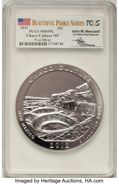 image for: 2012 25C Chaco Culture NP Five-Ounce Silver, Mercanti Signature MS69 Deep Mirror Prooflike PCGS.  ...