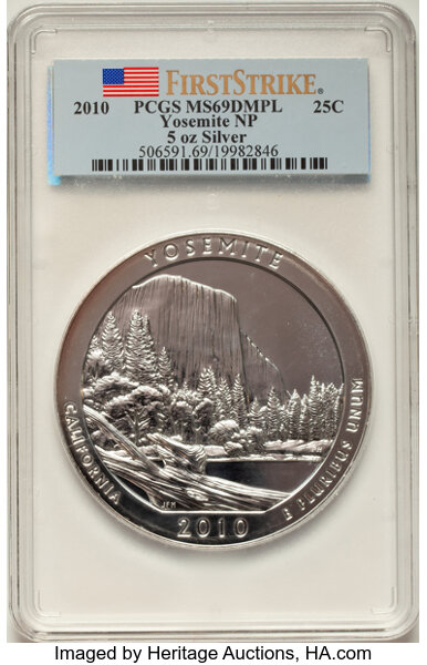 image for: 2010 25C Yosemite Five Ounce Silver, First Strike MS69 Deep Mirror Prooflike PCGS.  ...