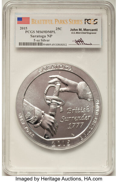 image for: 2015 25C Saratoga National Park Five-Ounce Silver, Mercanti Signature MS69 Deep Mirror Prooflike PCGS....