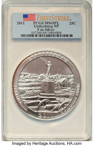 image for: 2011 25C Gettysburg National Park Five Ounce Silver, First Strike MS69 Prooflike PCGS.  ...