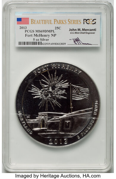 image for: 2013 25C Fort McHenry Five-Ounce Silver, Mercanti Signature, MS69 Deep Mirror Prooflike PCGS. PCGS Population: (60/0)....