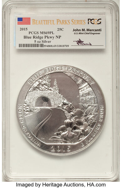 image for: 2015 25C Blue Ridge Parkway National Park Five-Ounce Silver, Mercanti Signature, MS69 Prooflike PCGS....