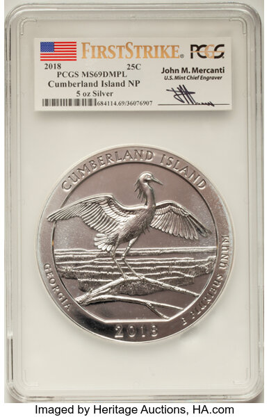 image for: 2018 25C Cumberland Island National Park, Five-Ounce Silver, First Strike, Mercanti Signature, MS69 Deep Mirror Prooflike PCG...