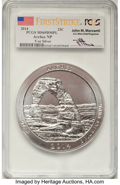 image for: 2014 25C Arches National Park Five-Ounce Silver, First Strike, Mercanti Signature, MS69 Deep Mirror Prooflike PCGS....