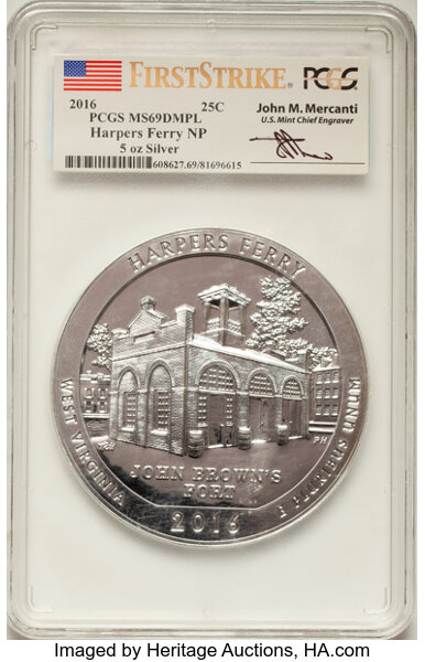 image for: 2016 25C Harpers Ferry National Park, Five-Ounce Silver, First Strike, John M. Mercanti Signature, MS69 Deep Mirror Prooflike...