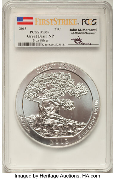 image for: 2013 25C Great Basin NP Five-Ounce Silver, First Strike, Mercanti Signature MS69 PCGS....