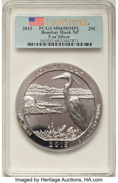 image for: 2015 25C Bombay Hook National Park Five Ounce Silver, First Strike MS69 Deep Mirror Prooflike PCGS.  ...