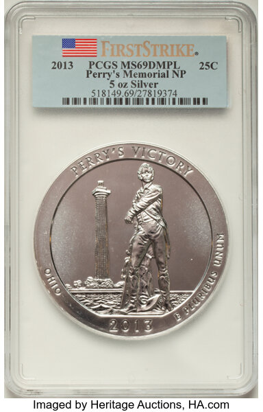 image for: 2013 25C Perry's Memorial NP Five-Ounce Silver, First Strike MS69 Deep Mirror Prooflike PCGS.  ...