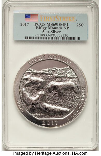image for: 2017 25C Effigy Mounds National Park Quarter, Five-Ounce Silver, First Strike MS69 Deep Mirror Prooflike PCGS.  ...