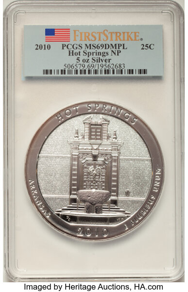 image for: 2010 25C Hot Springs Five Ounce Silver First Strike MS69 Deep Mirror Prooflike PCGS.  ...