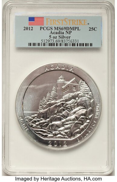 image for: 2012 25C Acadia NP Five-Ounce Silver, First Strike MS69 Deep Mirror Prooflike PCGS.  ...
