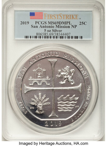 image for: 2019 25C San Antonio Mission National Park Five-Ounce Silver, First Strike, MS69 Deep Mirror Prooflike PCGS....