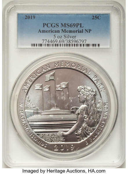 image for: 2019 25C American Memorial National Park Five-Ounce Silver, MS69 Prooflike PCGS. ...