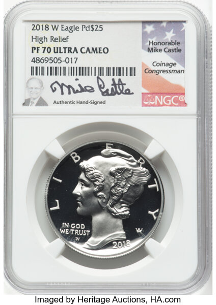 image for: 2018-W $25 Palladium Eagle, High Relief PR70 Ultra Cameo NGC.  Mike Castle. Authentic Hand-Signed....